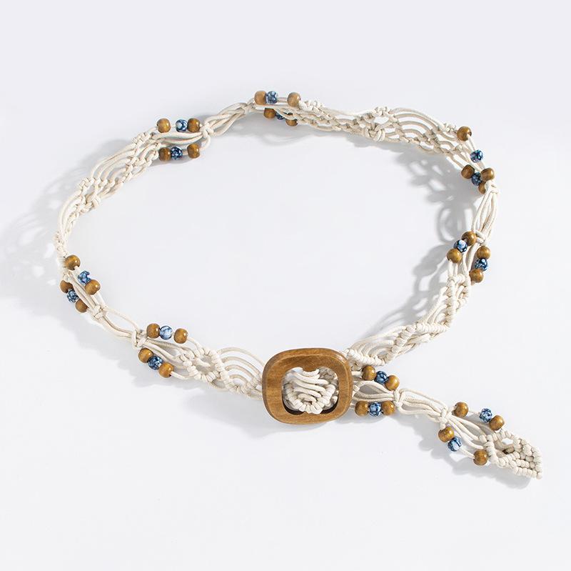 Богемный плетеный пояс из вощеного шнура в этническом стиле ручной работы с деревянными бусинами, повседневный стиль для отпуска, изысканная деревянная квадратная пряжка, пояс-шнур