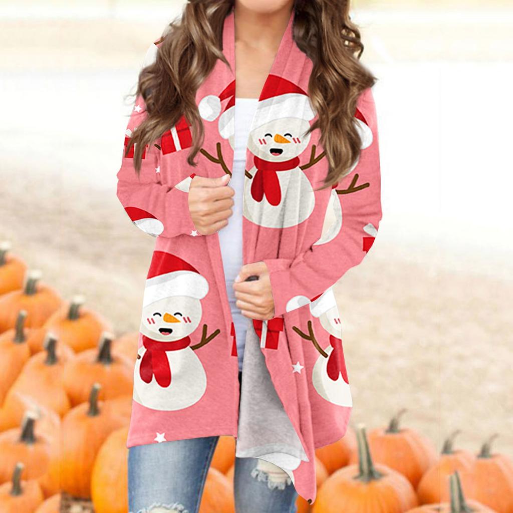 Женская мода, повседневный рождественский принт, кардиган средней длины, куртка, пальто