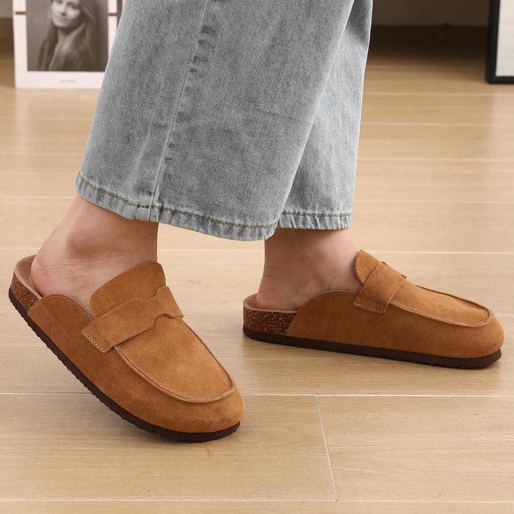 Comwarm Fashion Clogs Slippers Women Cow Suede Cork Slippers Classic Cork House Slippers With Arch Support Outdoor Beach Shoes