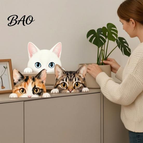 Healing Style Desktop Ornaments Cute Cat Shelf Sitter Ornament, Wooden Peeking Kitten Figurine, Playful Decor 2D Flat Decorative Statue for