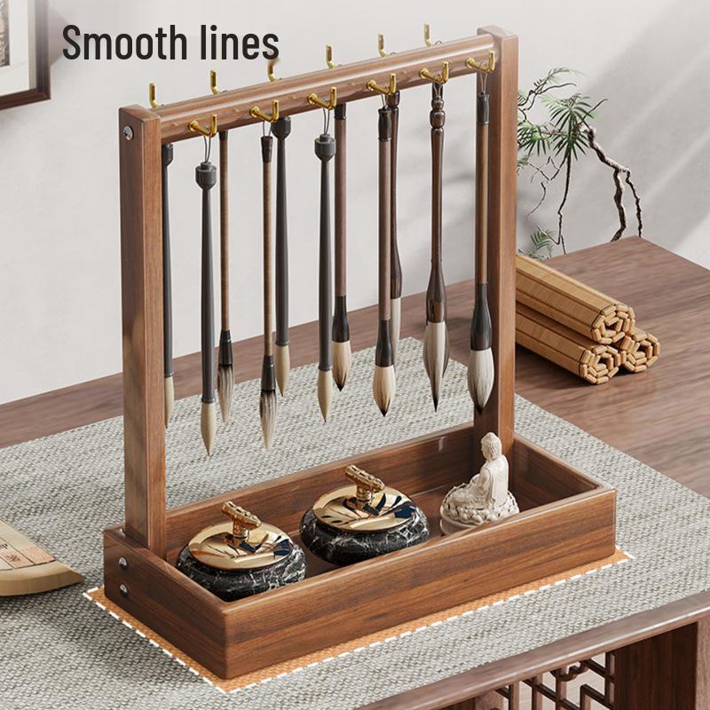 Solid Wood Calligraphy Brush Holder: Desktop Pen Rack with Scholar's Treasures Ornament and Metal Hook Design.