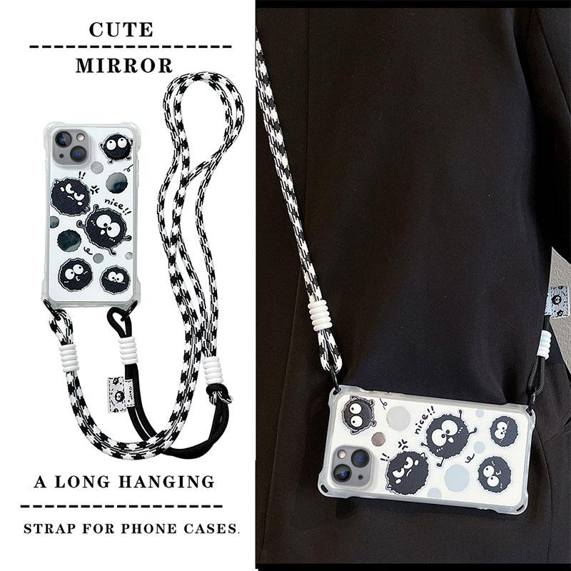 KEYSION Crossbody Strap Phone Case for iPhone 13 14 15 Pro Max Cute Cartoon Long Lanyard Mirror Shockproof Cover for iPhone 15 14 Plus