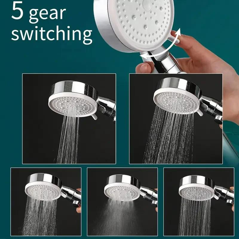 Высококачественная серебряная ручная душевая головка высокого давления, набор из 5 регулируемых режимов, фильтр, остановка подачи воды одним нажатием, аксессуары для душа