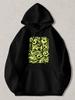 Black Pullover Hoodie with Neon Yellow Abstract Eye Pattern Graphic Unisex Streetwear Sweatshirt with Kangaroo Pocket for Casual D
