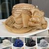 Women Fisherman Hat Organza Lace Bow Faux Pearl Feather Decor Vintage Royal Style Flat Top Anti-UV Sun Protection Prom Party Formal Occasion Cap