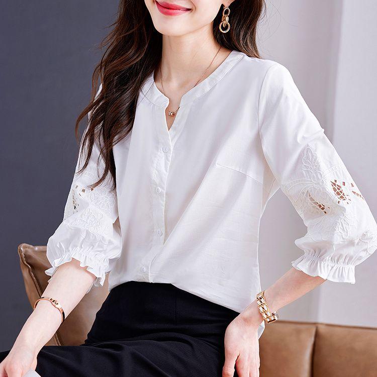 Loose Summer Women's Hollow Embroidery Shirt In Pure Cotton Blouse