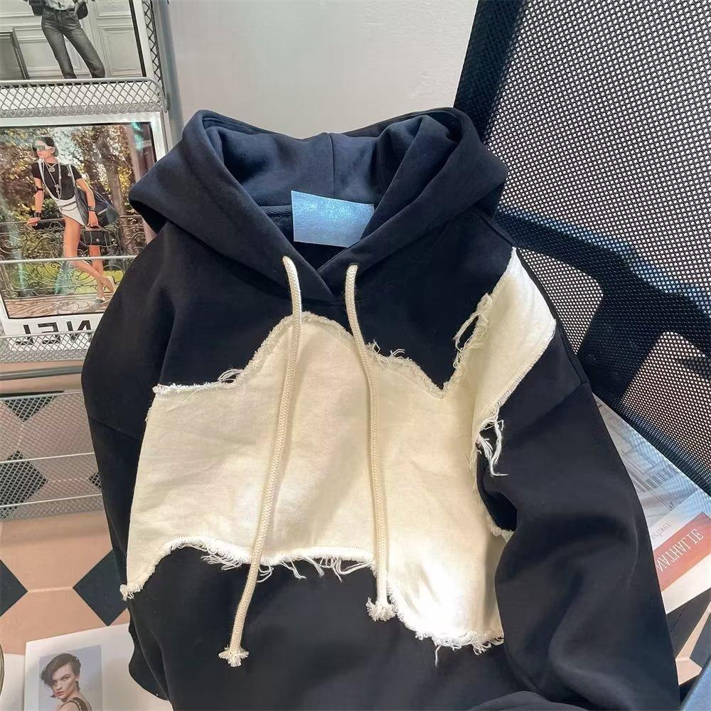 Contrasting color men's long-sleeved splicing sweater trendy men's autumn loose Hong Kong style hooded top jacket