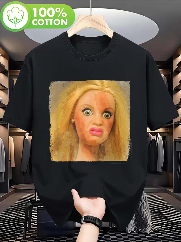 2025 Current Trend in Fashion HipHop Student TShirt for WoUnisex Featuring a Humorous Scary Doll Face Meme Made from Heavyweight