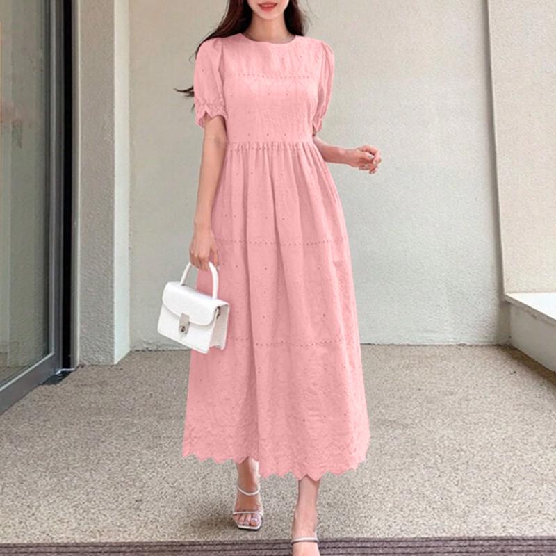 ZANZEA Women Summer Round Neck Short Sleeve Patchwork Embroidery Long Dress