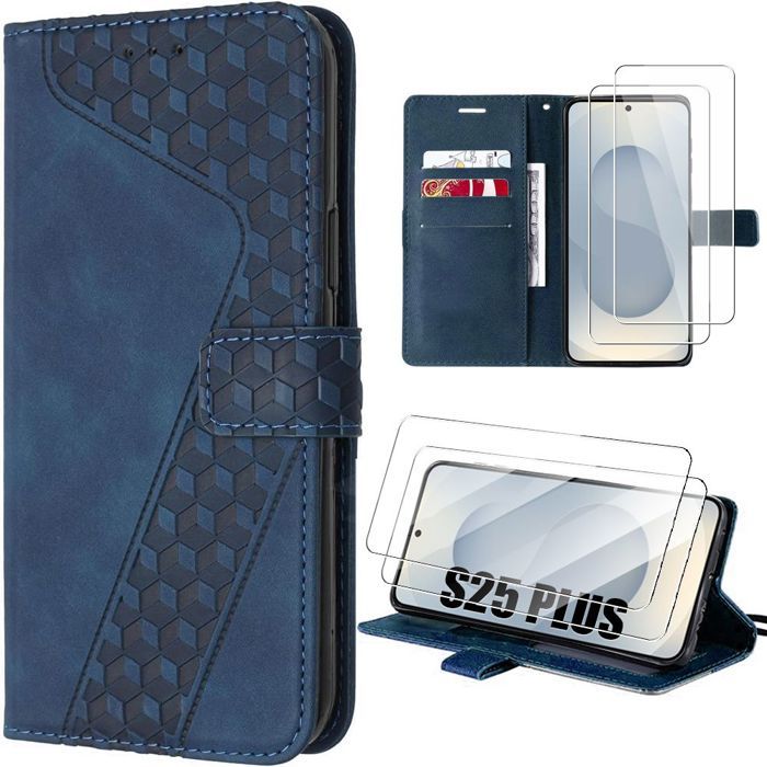 Coque de protection - BOOLING - pour Samsung Galaxy S25 Plus - Cuir PU - Bleu Marine - 2 Verres Trempés