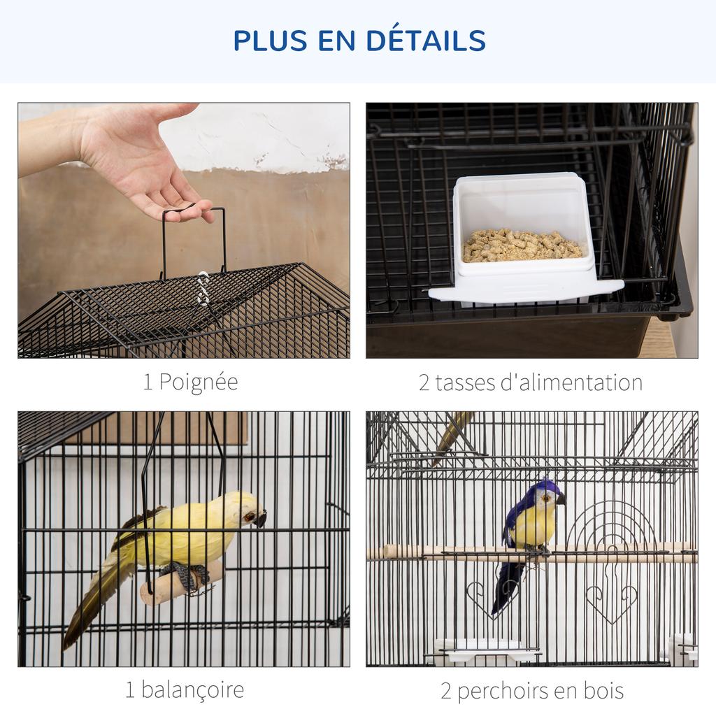 Metal Bird Cage with Plastic Swing Perch Food Container Tray Handle for Finch Canary Budgie 43.5 x 33 x 63 cm, Black