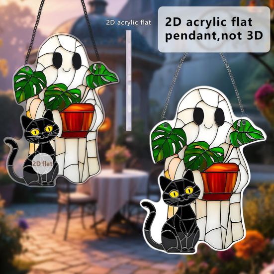 Хэллоуин Привидение Черный кот Ловец солнца Подвесное украшение Для дома, сада, стены, окна Витражное акриловое украшение Подвеска
