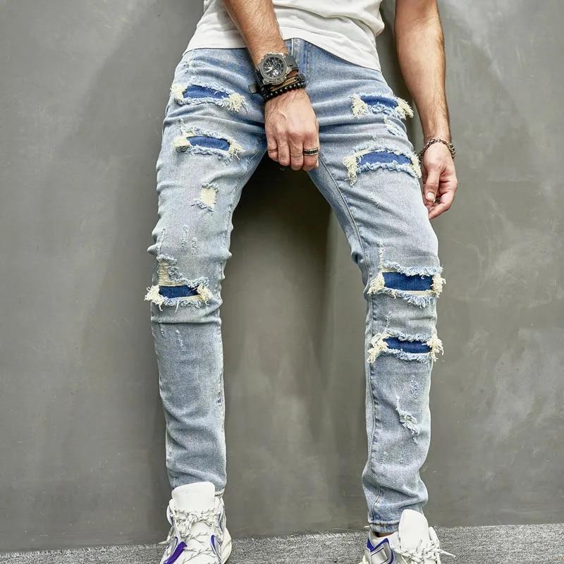 Men Holes Casual Skinny Jeans Pants Streetwear Male Stylish Ripped Solid Hip Hop Slim Denim Trousers