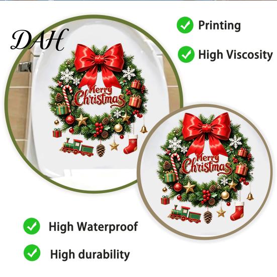 Holiday Seasonal Restroom Decor Christmas Wreath Toilet Decal, Merry Bow Seat Sticker, Home Decoration Items Waterproof Lid Tank Decals, Self-Adhesive