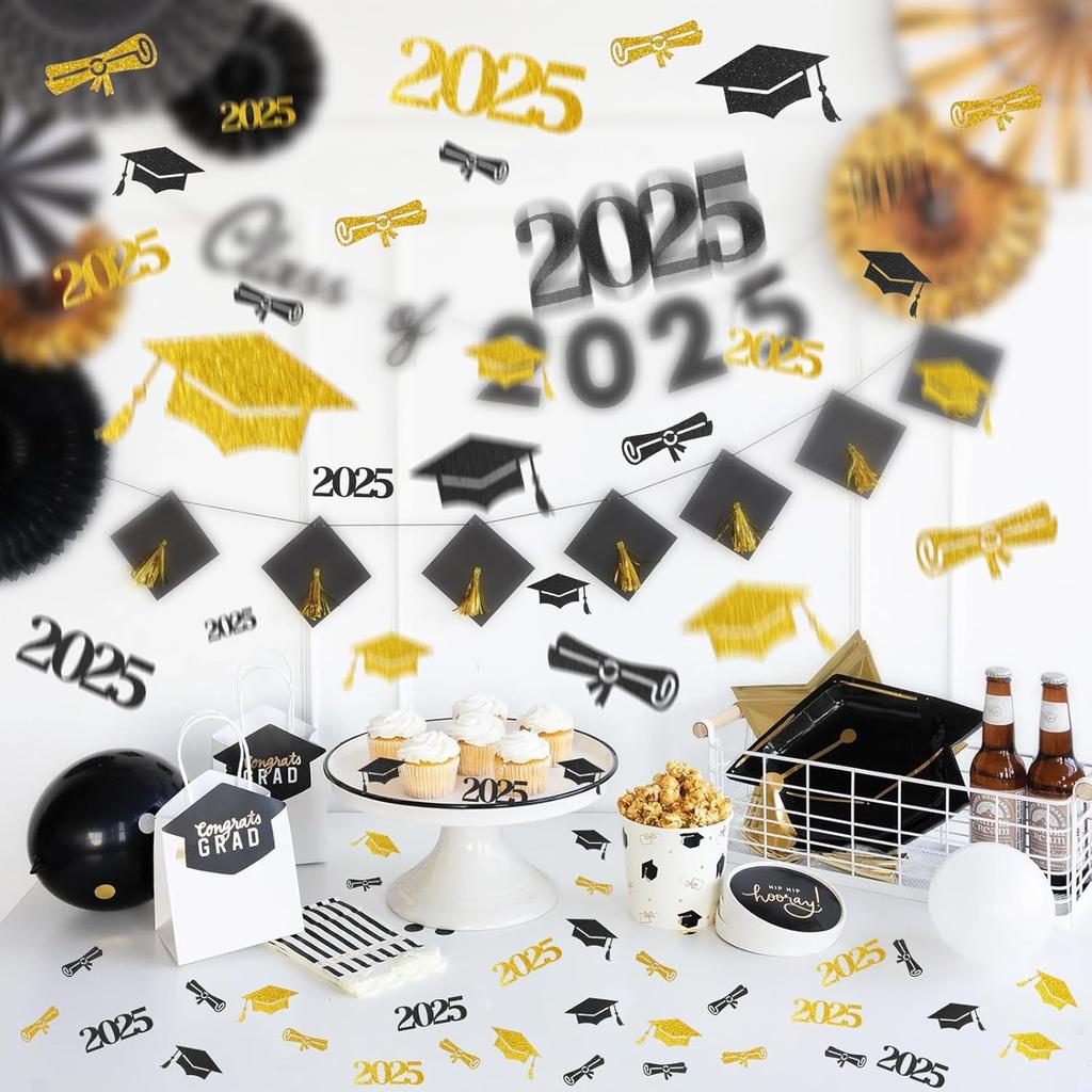 100 шт. Конфетти на выпускной для стола 2025 Большие Блестящие Черно-Золотые Конфетти для Выпускного Вечеринки Настольные Украшения