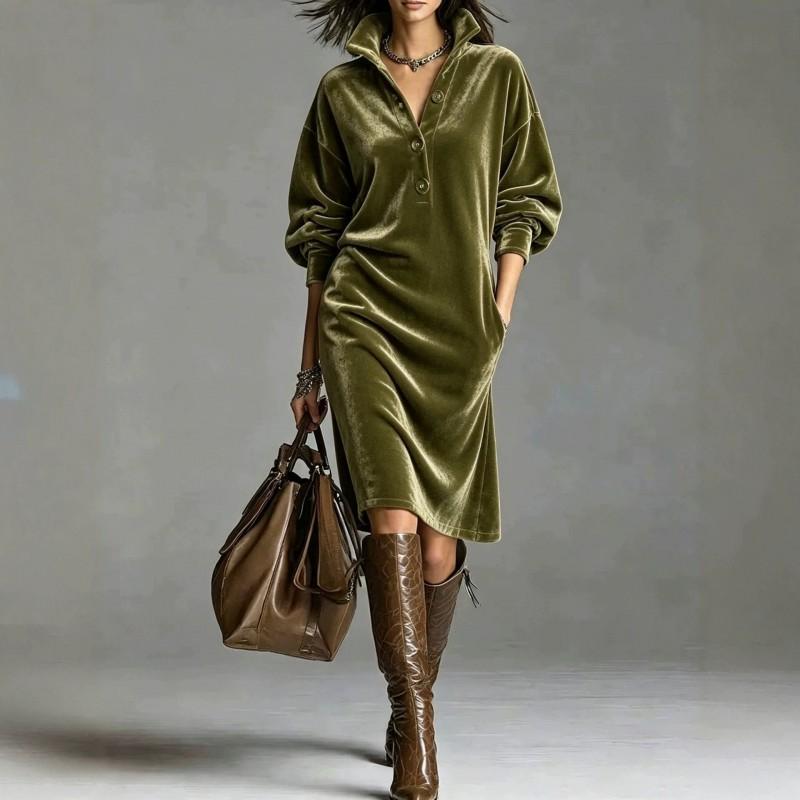 2026 Fall Velvet Loose Fit Long Sleeve Dress A Line Button Front V Neck Casual Elegant Women