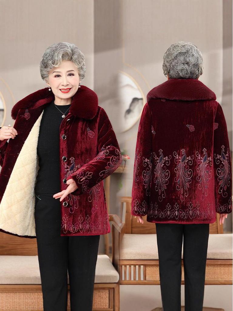 Elderly Women's Fleece-Lined Winter Coat with Fur Collar
