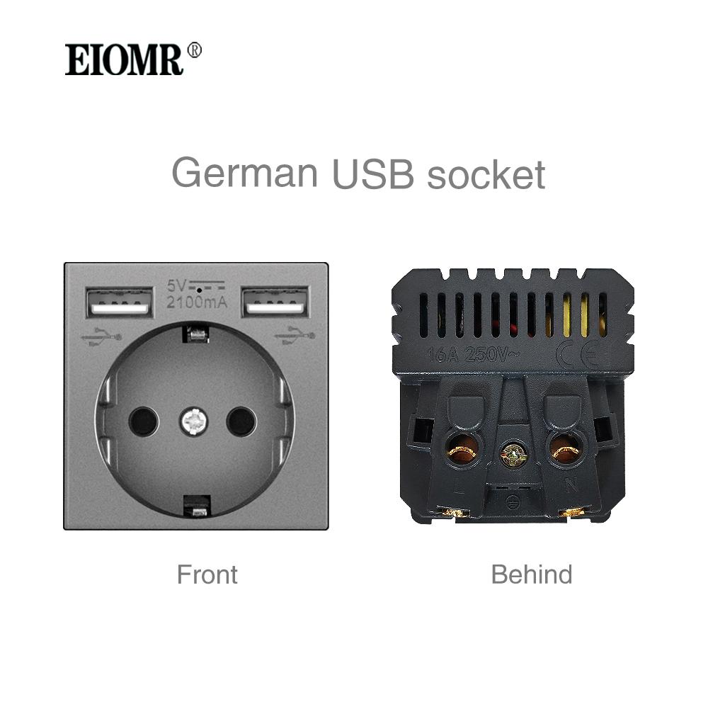 EIOMR A6 Series Grey Flame Retardant PC Panel Wall Switch EU Socket HDMI-compatible USB Type-C 2.1A Charger TV RJ45 Module DIY