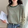 Early Autumn Striped Bottoming Shirt for Women with Stylish Round Neck, Loose and Versatile Long-sleeved T-shirt, Casual Pure Cotton Top, Thin