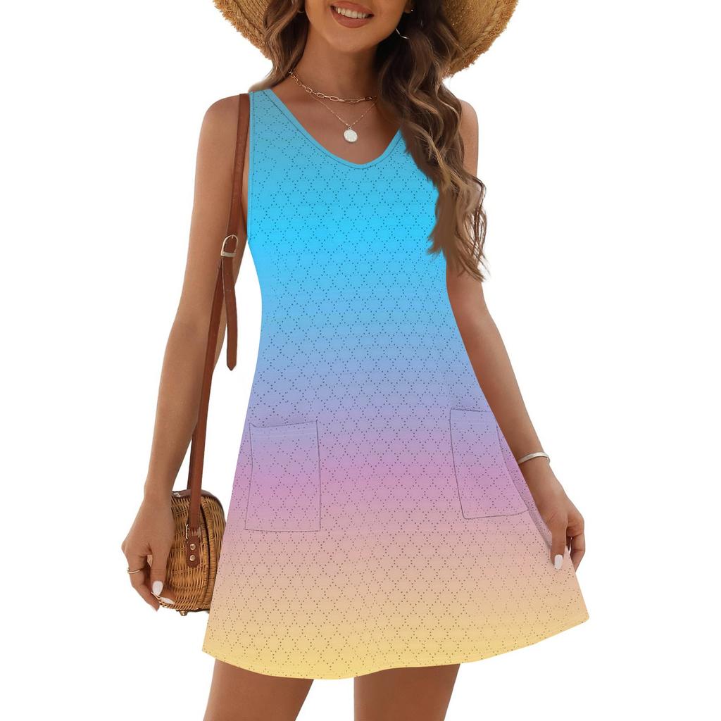 Женское модное повседневное летнее платье без манжет с карманом, V-образным вырезом и градиентным принтом, пляжный сарафан
