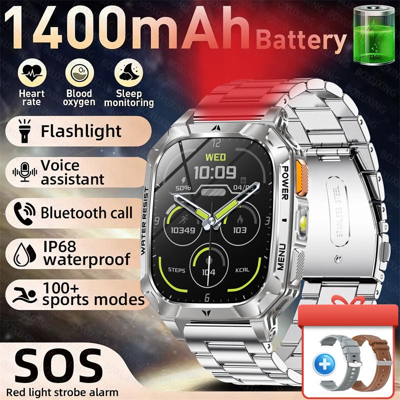 Rugged Outdoor Smart Watch 1400mAh 2.01" HD Screen Bluetooth Call GPS IP68 Waterproof Flashlight SOS Fitness Watch for Men