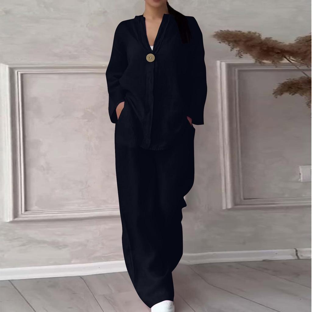 Женский пуловер с круглым вырезом и v-образным вырезом, повседневные длинные брюки из хлопка и льна с длинными рукавами, модный костюм