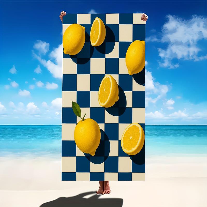 Lemon Checkerboard Art Beach Towel Blue White Grid Background Citrus Fruit Design Large Soft Microfiber Bath Blanket