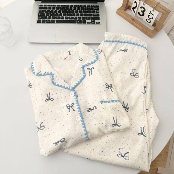 Женский пижамный комплект из облачного хлопка в желтую клетку с отделкой по краю в виде ракушек - С длинным рукавом, для дома на весну/осень, с ощущением высокого качества.