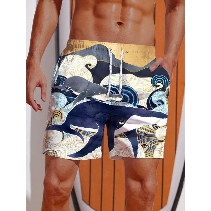 Летние 3D-печатные шорты с принтом Укиё-э «Свирепый дракон» для мужчин, Board shorts, Плавки, На шнурке, Дышащие, Короткие