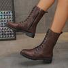 Women's Fashion Chunky Single Boots Autumn New Round Front Lace-up Side Zipper Soft Sole Non-slip Mid-calf Boots
