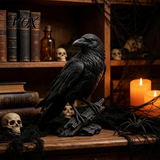 Gothic Crow Figurine Realistic Black Figurine, Resin Raven Statue for Halloween Tabletop Handcrafted Ornament Decor, Dark Spooky Home Office Bookshelf