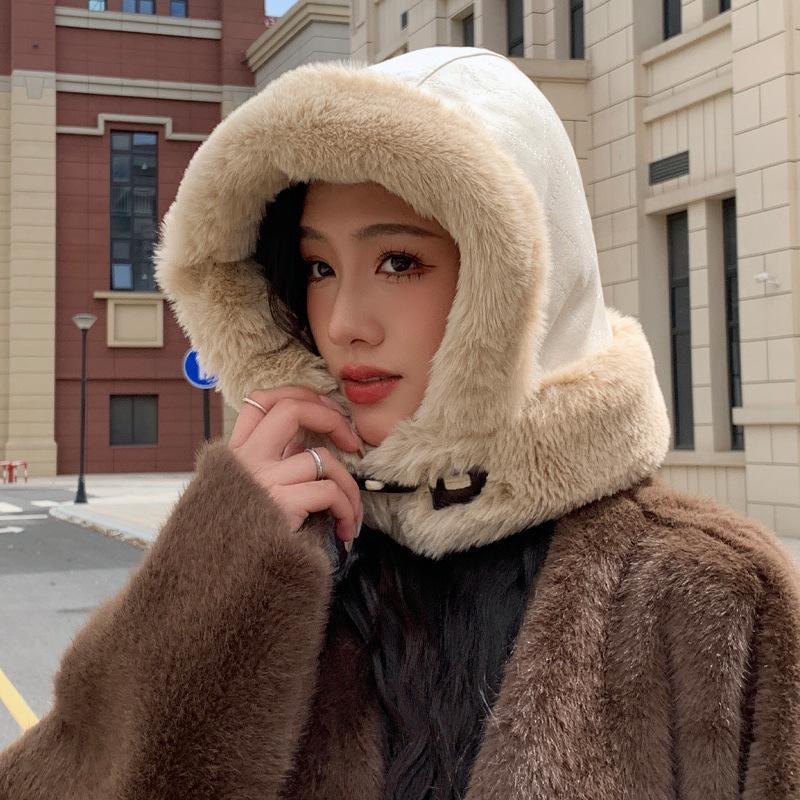 New Hat Hat Women's Cow Horn Button Deer Leather Velvet Lei Feng Hat Winter Cold Protection Warm Ear Protection Hat Thick