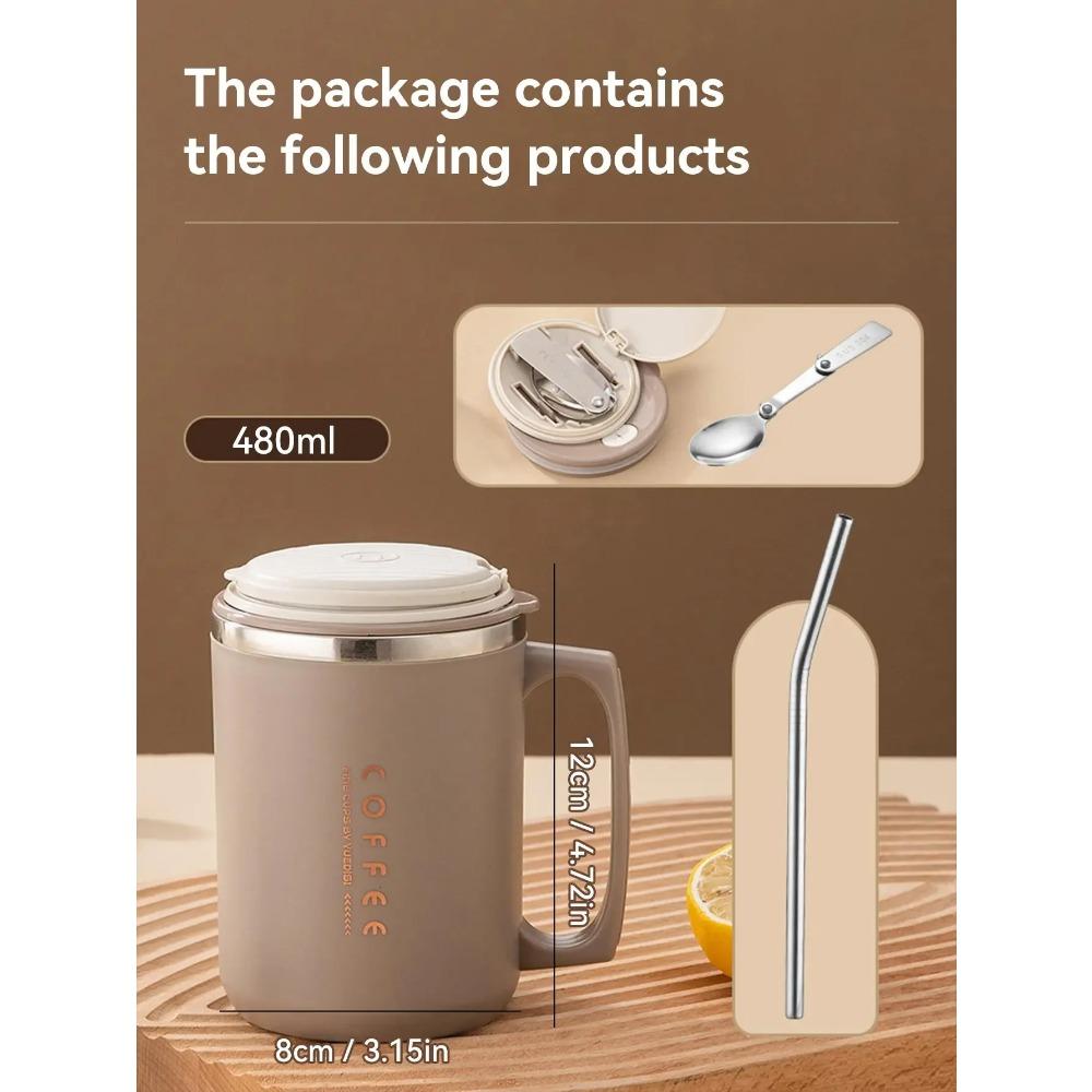WORTHBUY 480ML Coffee Cups With Straw&Spoon 304 Stainless Steel Reusable Portable Leak-proof Coffee Milk Mug Drinking Cup Trump