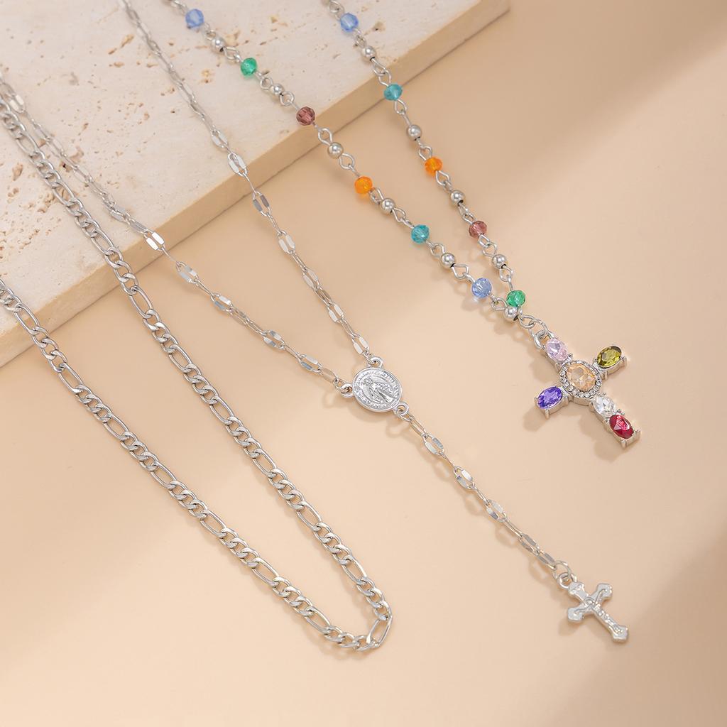 3Pcs/Set Colorful Crystal Cross Pendant Necklace for Men Hip Hop Adjustable Choker Collar Chain Christian Jewelry Accessories