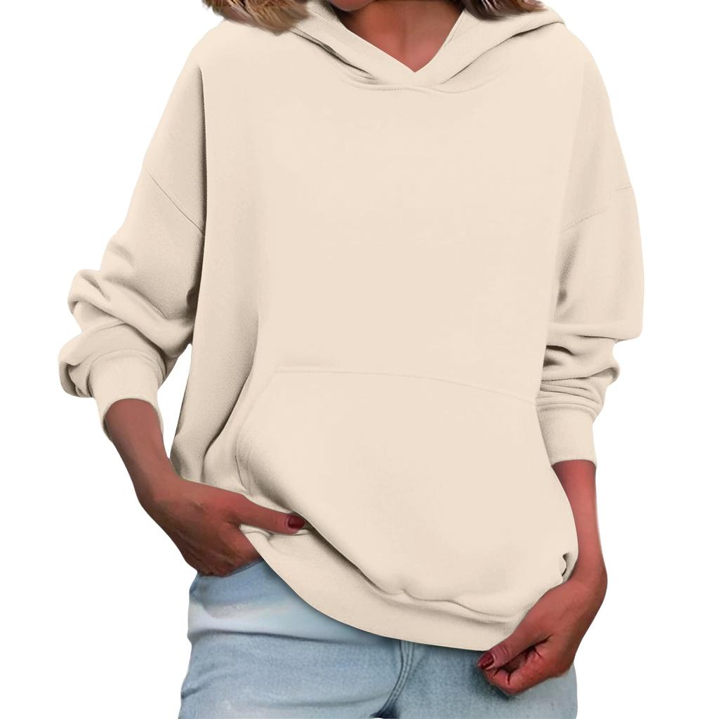 Women's Loose Long Sleeved Solid Color Casual Fleece Pullover Hooded Sweatshirt