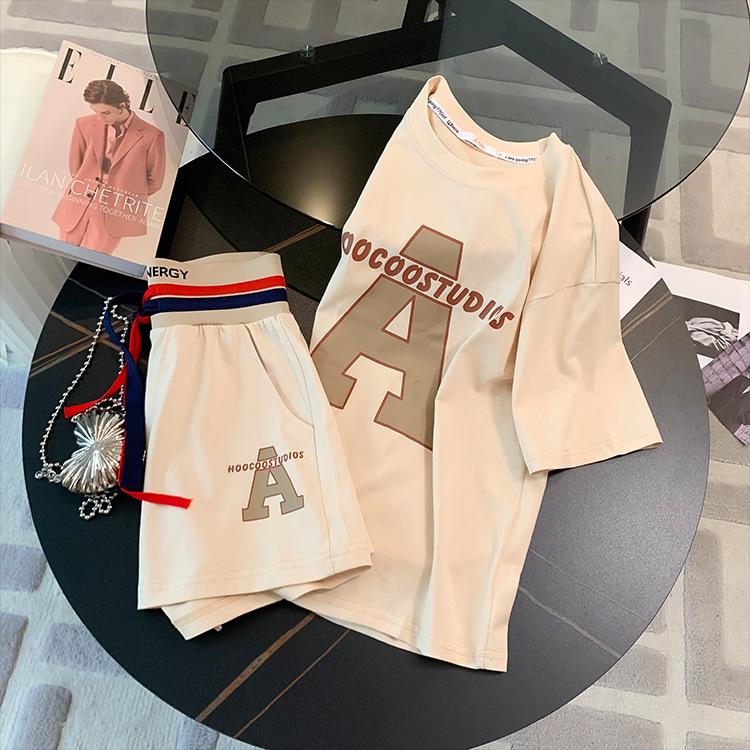2024 летний комплект женской одежды, футболка с коротким рукавом + шорты, комплект из 2 предметов, женский повседневный свободный спортивный костюм с буквенным принтом, модные наряды