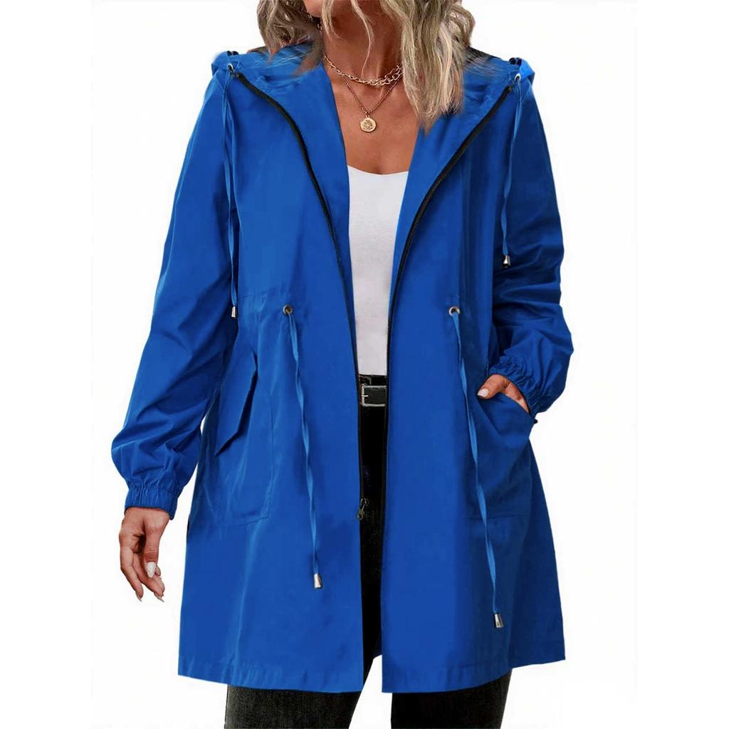 Women's Solid Hooded Windbreaker Jacket Outdoor Waterproof Windproof Lightweight Raincoat Plus Size Casual Long Sleeve Coat