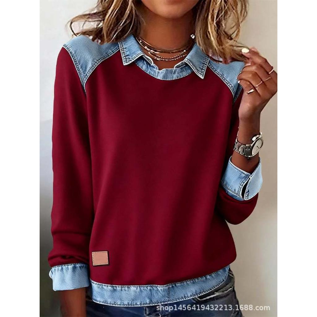 Women's Clothing, Denim Collar Long Sleeved Pullover Spliced Knit Sweater Top