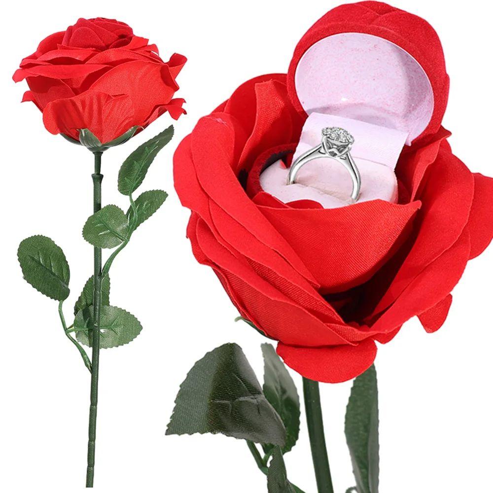 Серьги-гвоздики Романтичный держатель для обручальных колец Красный цветок Стебель Обручальные кольца Коробка для ювелирных изделий Шкатулка для путешествий