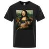 Забавная футболка с принтом «Мона Лиза и кот» для мужчин, летняя хлопковая футболка, свободная дышащая одежда, модная футболка с коротким рукавом с круглым вырезом 80276
