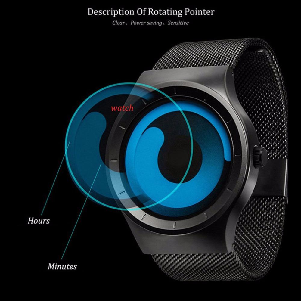 Мужские модные кварцевые часы с поворотным столом и сеткой из нержавеющей стали с часами