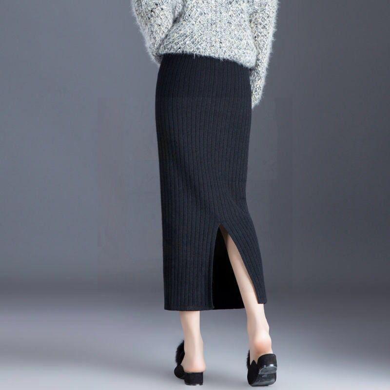 Женская трикотажная миди-юбка премиум-класса на осень-зиму, утолщенная, с разрезом, облегающая, юбка-карандаш, облегающая шерстяная юбка