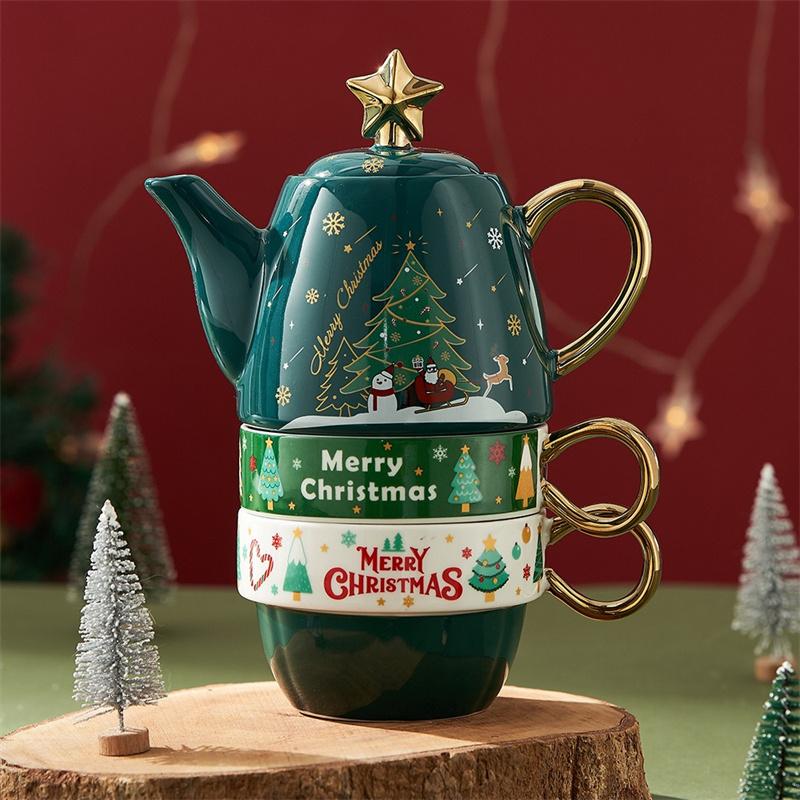 Christmas Ceramic Teapot Teacups Set with Gift Box Santa Claus/Elk Cartoon Teaware Coffee Cup Home Party Decor Christmas Gifts