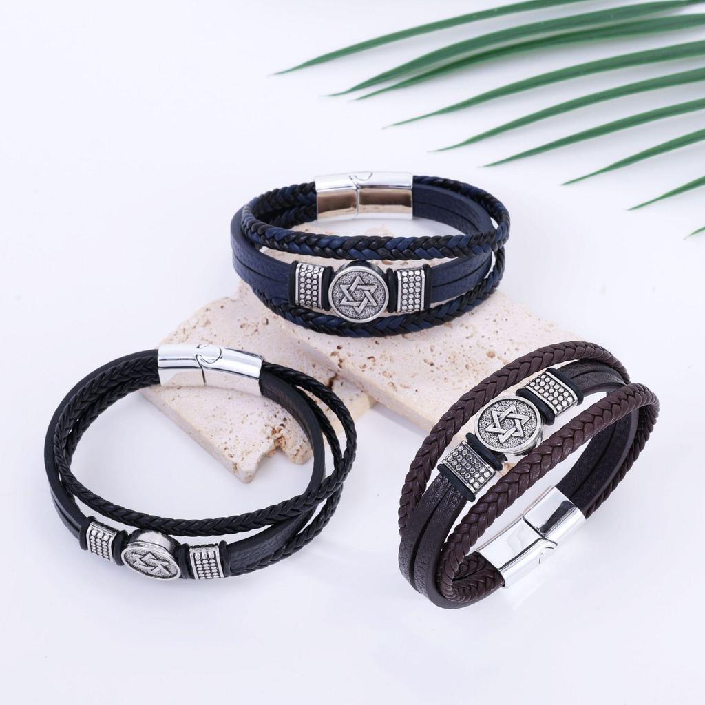 Универсальный мужской браслет в стиле хип-хоп - Плетеная кожа, дизайн в виде шестиконечной звезды, японский/корейский стиль