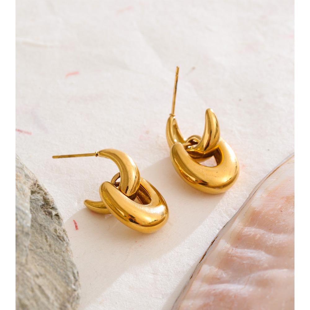 Yhpup Stainless Steel U-Shape Statement Earrings 18K Golden PVD Plated Texture Metal Daily Waterproof Jewelry Accessories