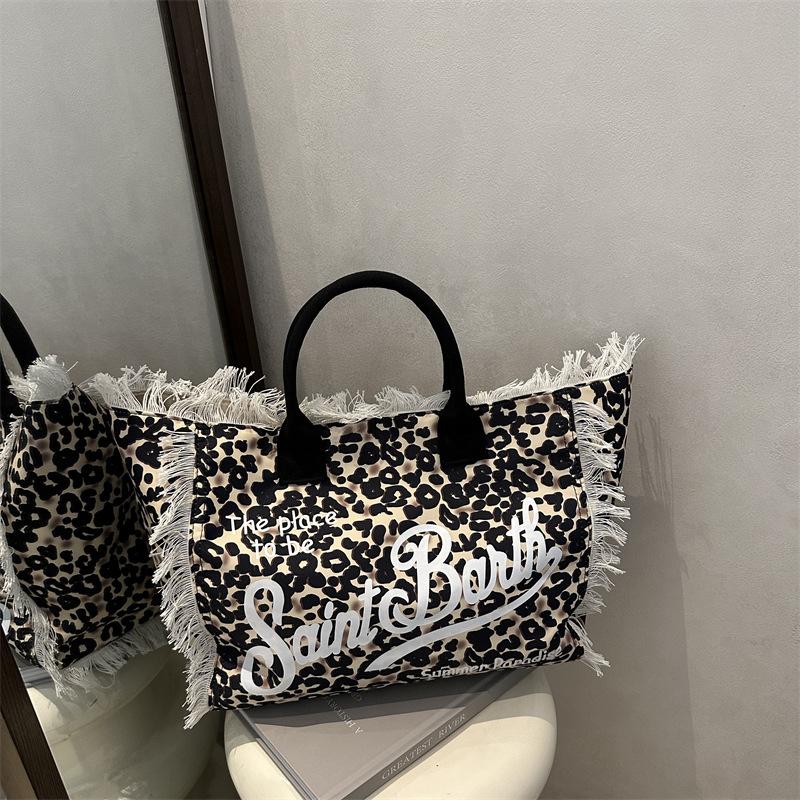Новая женская парусиновая сумка большой вместимости с леопардовым принтом для отдыха и путешествий Новая сумка ручной работы с кисточкой Сумка-тоут на одно плечо