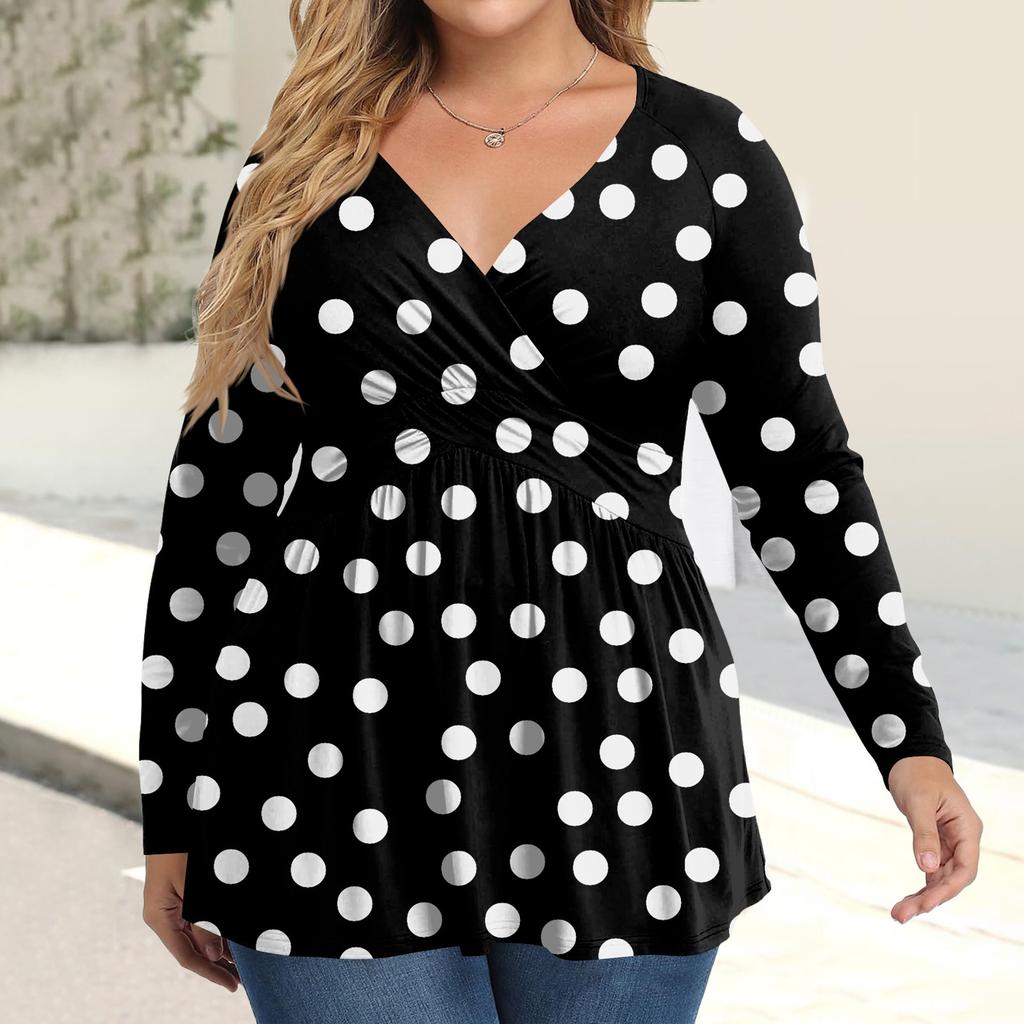 Женская рубашка большого размера с длинным рукавом, принт, плиссированный повседневный топ с V-образным вырезом