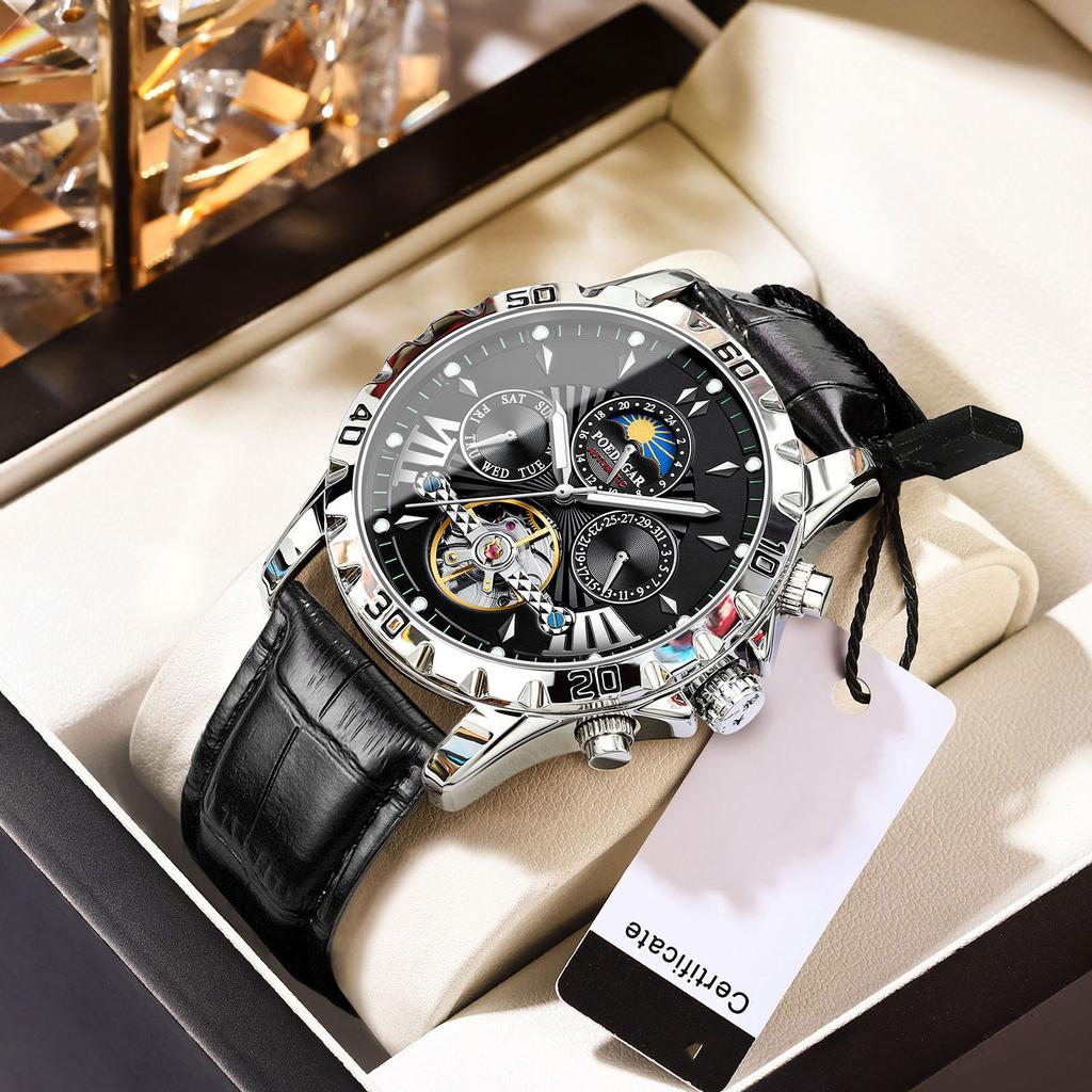 Famous Brand Luxury Tourbillon Mechanical Watch for Men Waterproof Luminous Date Week Leather Hollow Watches Men's