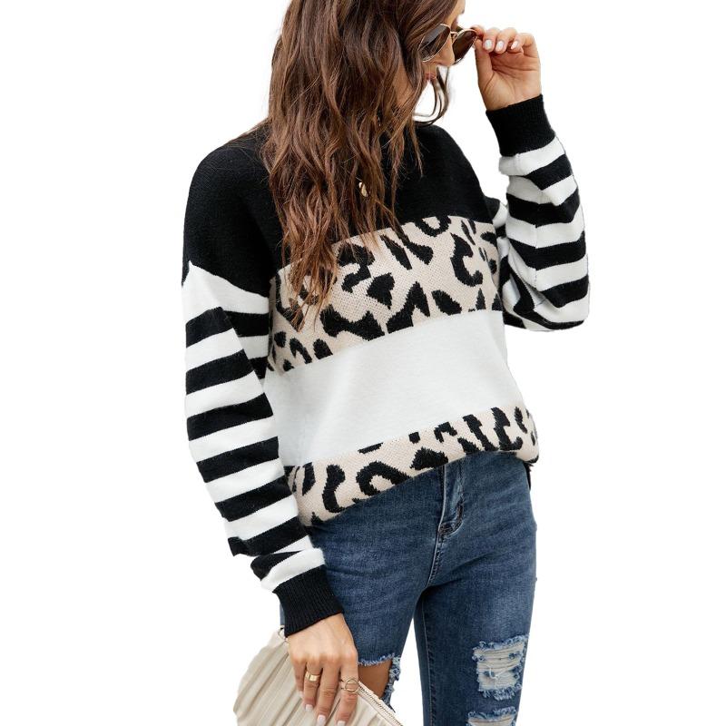 Women S Loose Knit Sweater Round Neck Long Sleeve Leopard Print Color Block Pullover