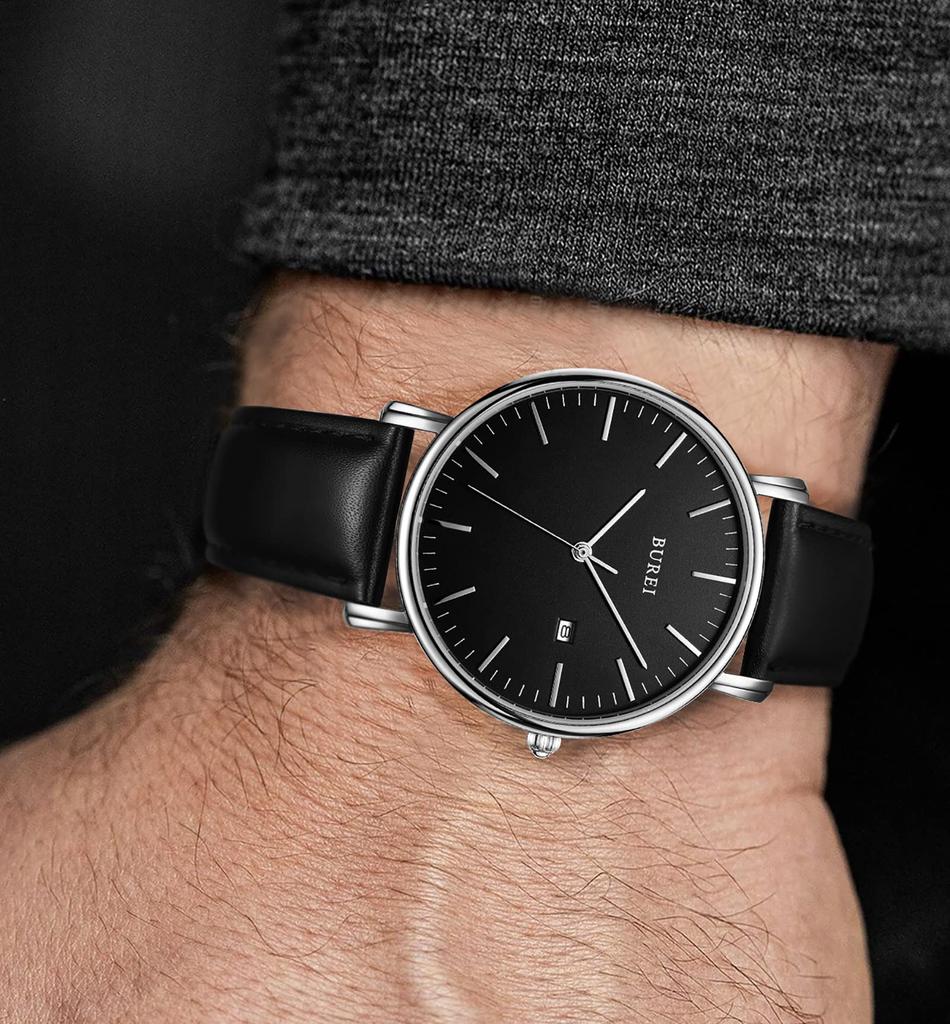 Simple Stylish Brand Popular Ultra Thin Lightweight Analog Watch Business Waterproof Quartz Arm Watch [BUREI] Men's Men's Silver-Black